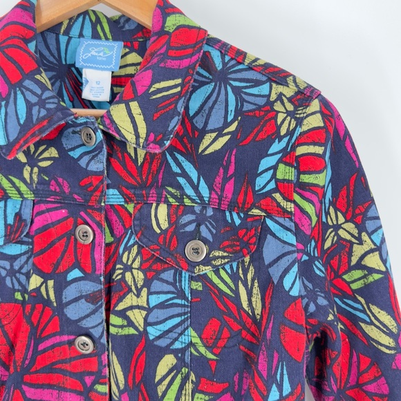 🌺 Multi-Color Floral Tropical Print Denim Jacket Resort Wear Vacation Chic Sz 12 - Picture 9 of 15